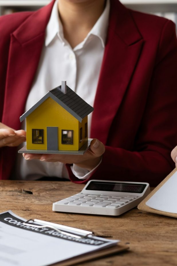 Close up view of professional real estate agent giving legal advice, selling insurance and real esta